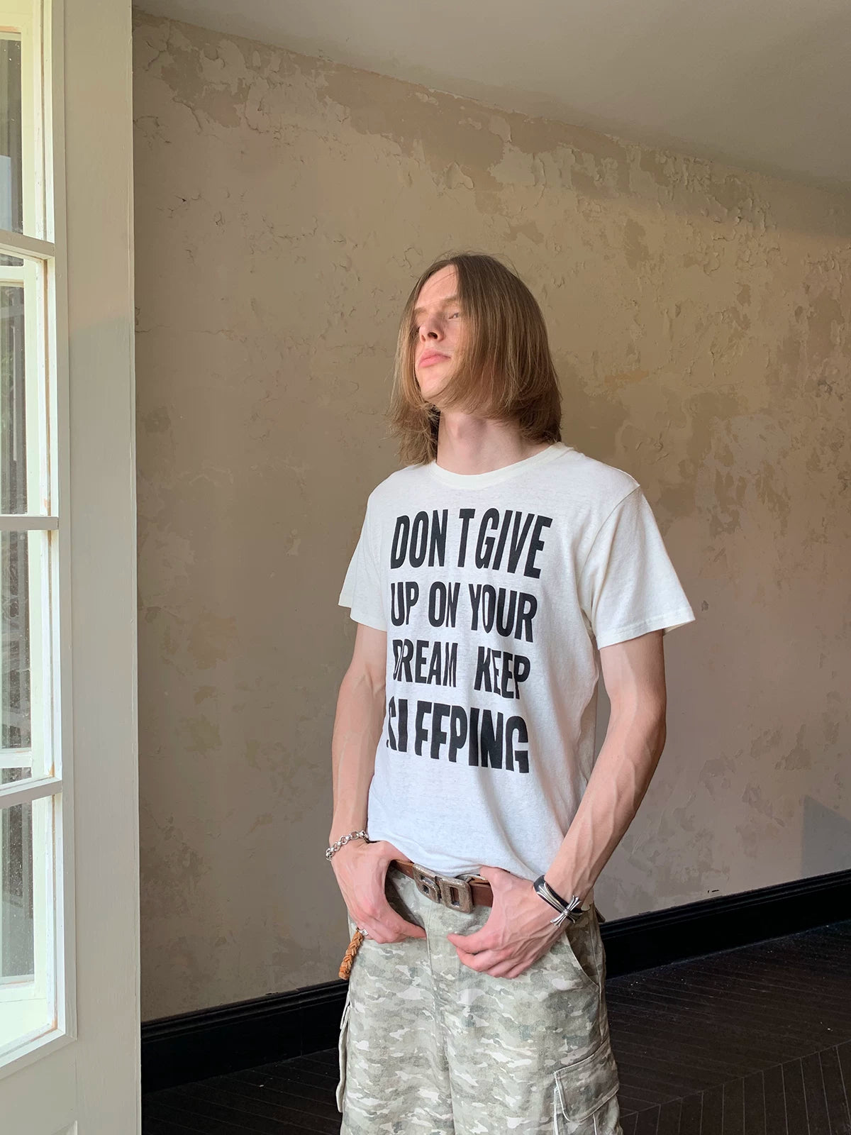 Vintage Slogan Print Hemp Cotton Boxy T-Shirt - Off-White side