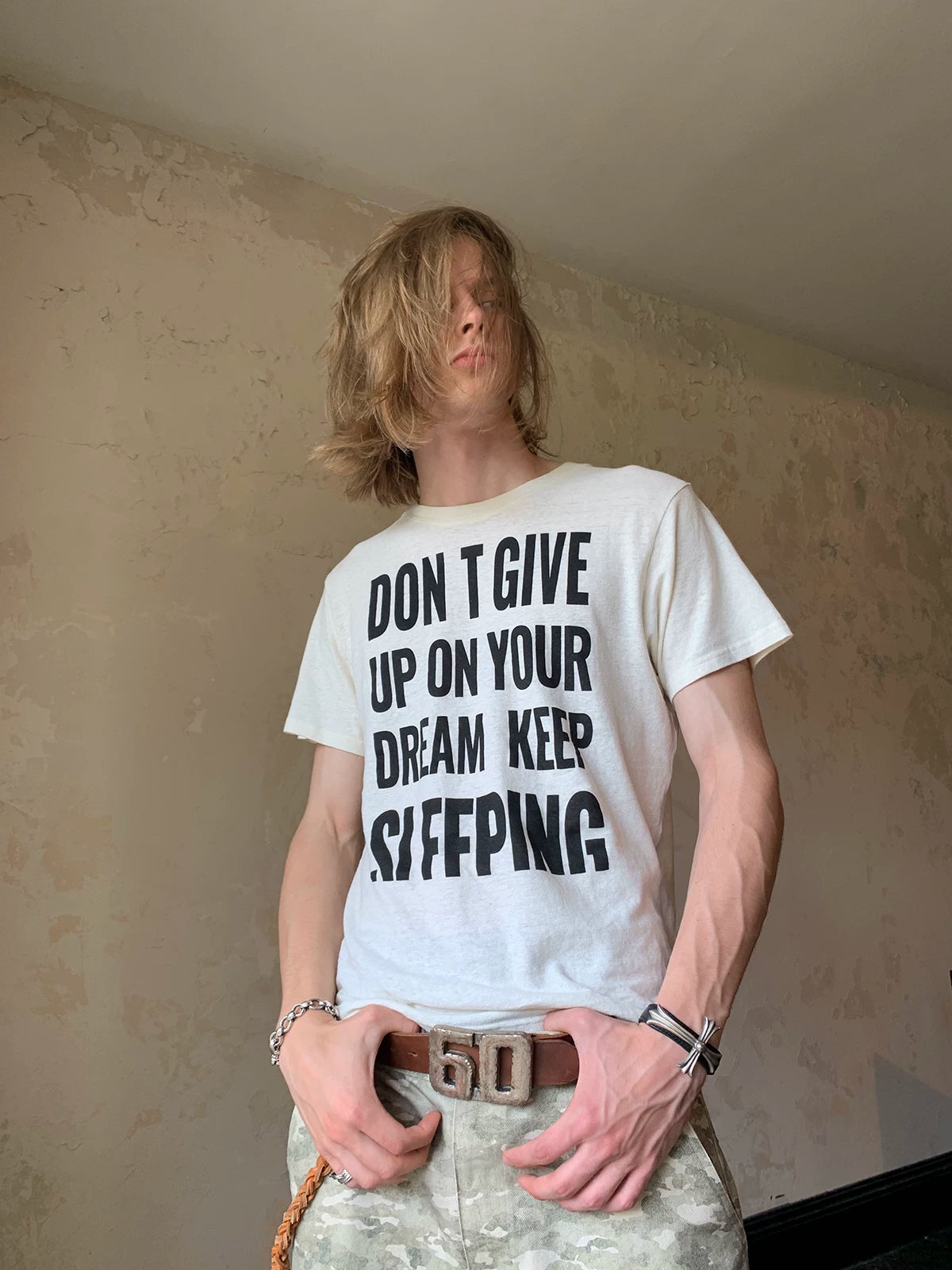 Vintage Slogan Print Hemp Cotton Boxy T-Shirt - Off-White front detail
