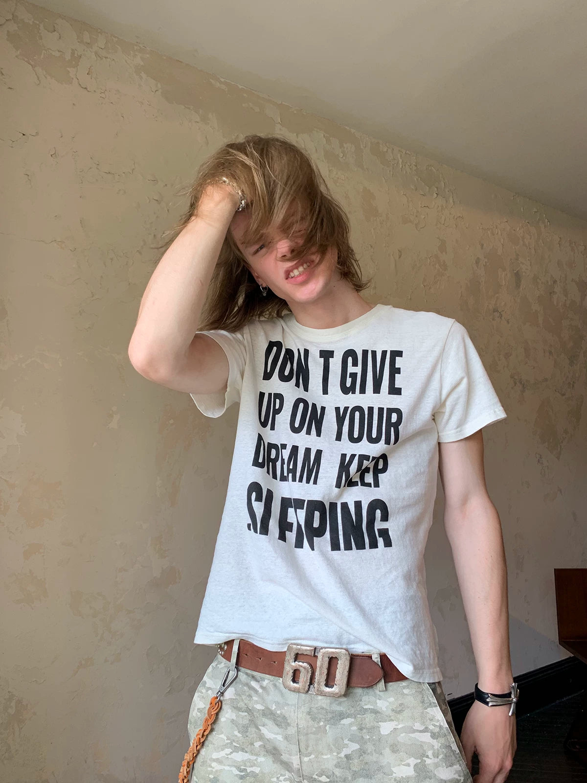 Vintage Slogan Print Hemp Cotton Boxy T-Shirt - Off-White styled