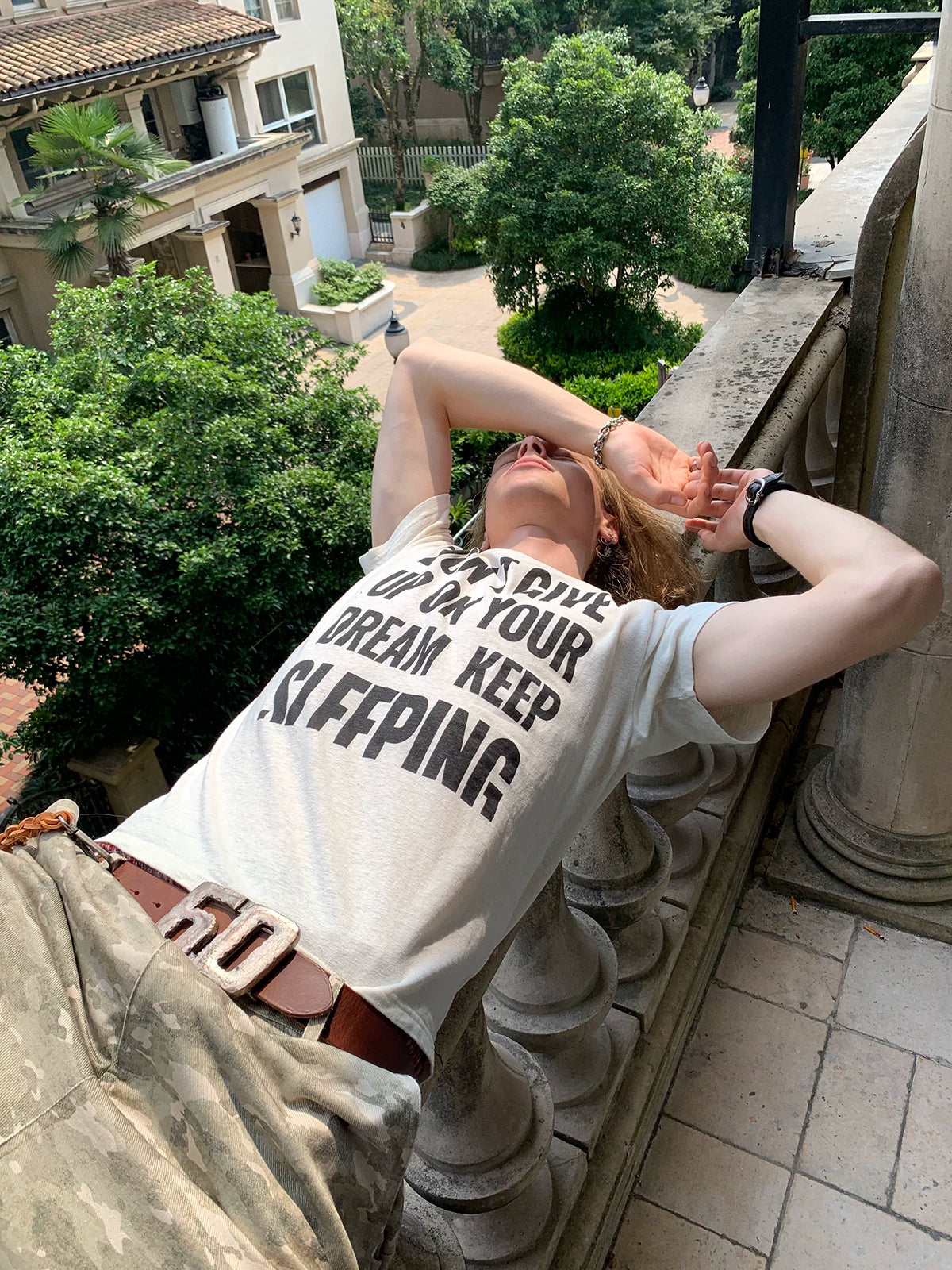 Vintage Slogan Print Hemp Cotton Boxy T-Shirt - Off-White top view