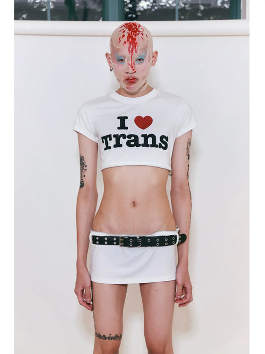 I Love Trans Zip-Off Convertible Baby Tee - White cropped top with mini skirt front