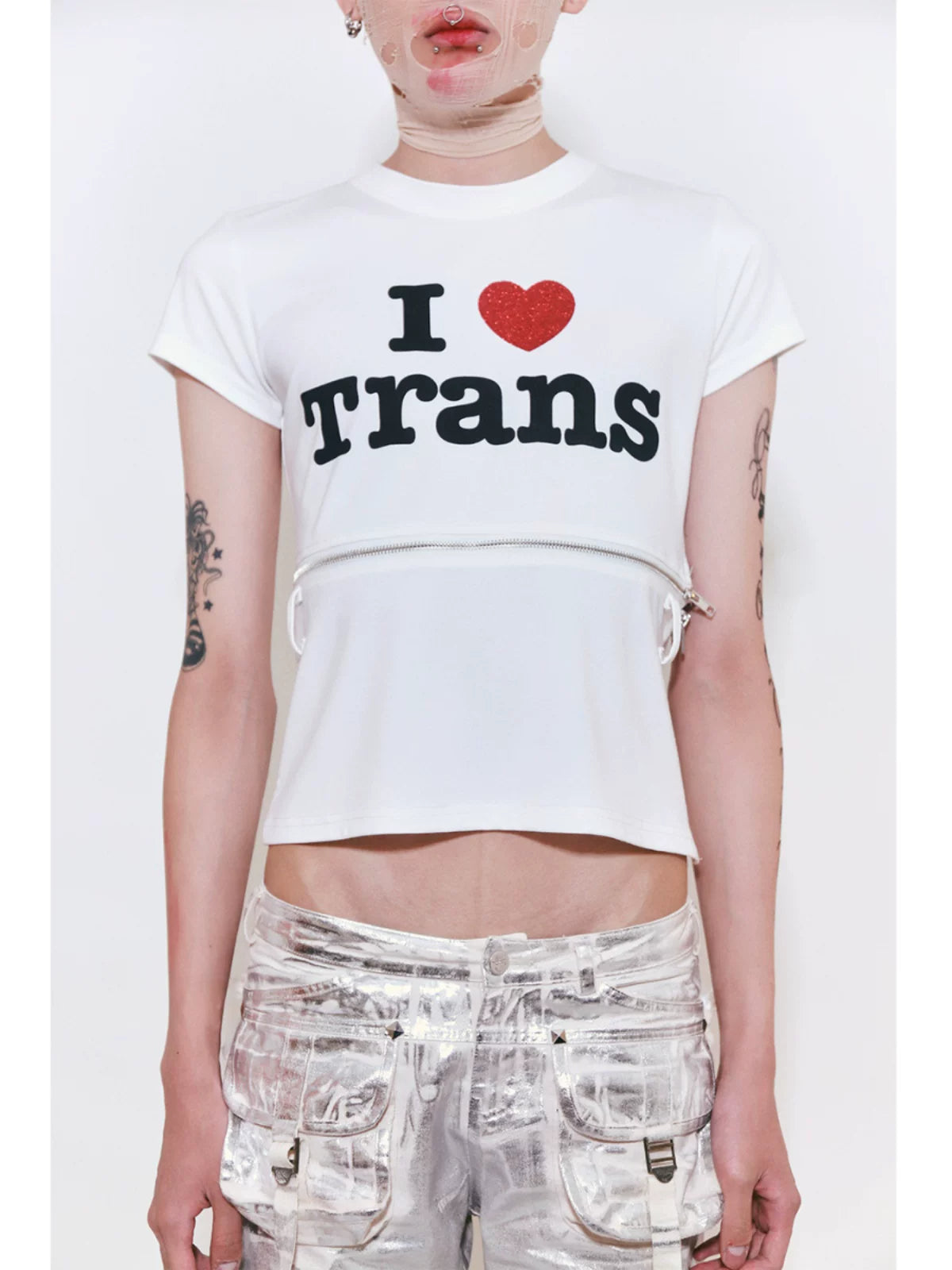 I Love Trans Zip-Off Convertible Baby Tee - White full tee front