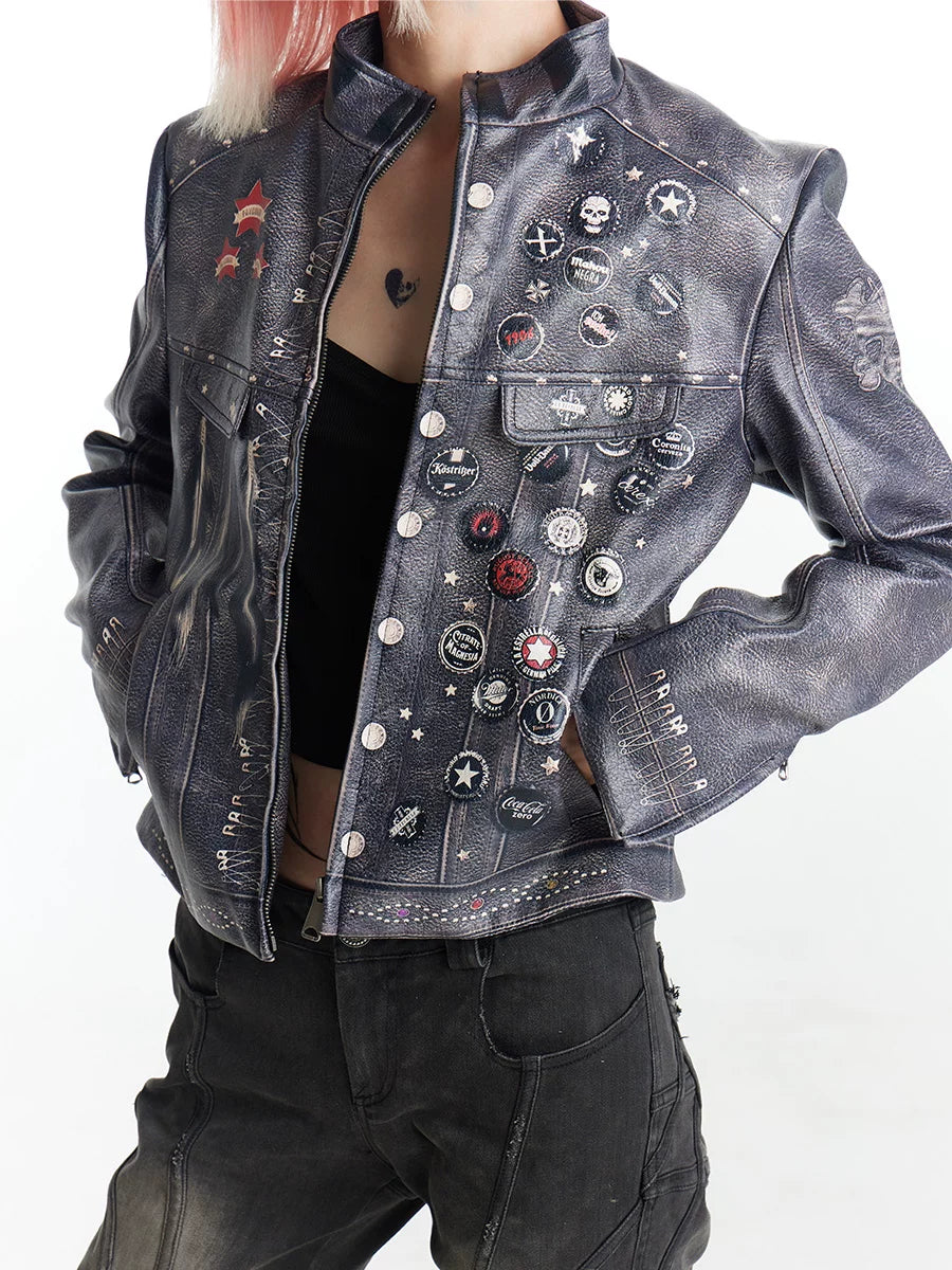 FayChui Distressed Graphic Cropped Biker Jacket - front close view of distressed jacket