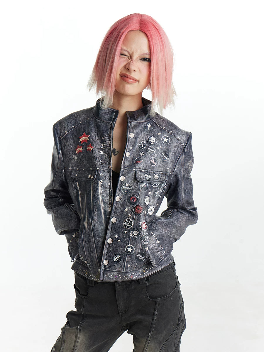 FayChui Distressed Graphic Cropped Biker Jacket - front model view of cropped jacket