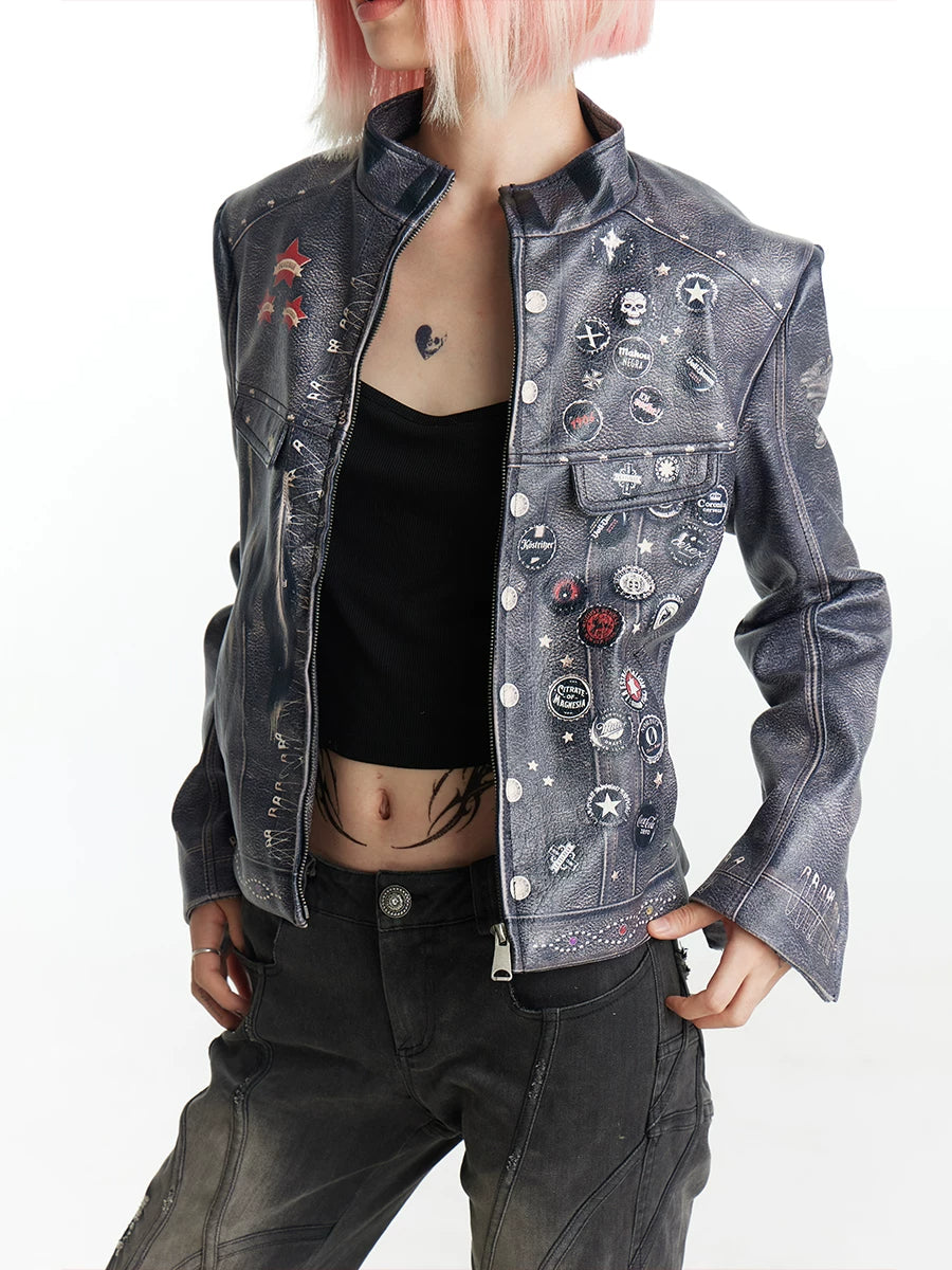 FayChui Distressed Graphic Cropped Biker Jacket - open front and sleeve details
