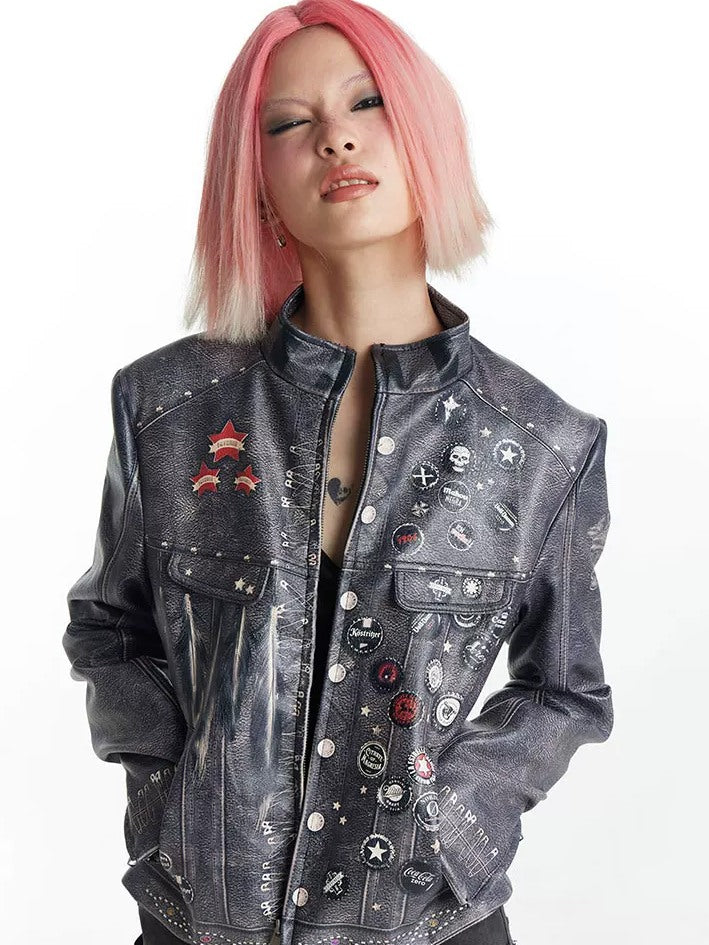 FayChui Distressed Graphic Cropped Biker Jacket - campaign view 1 showing jacket fit or details