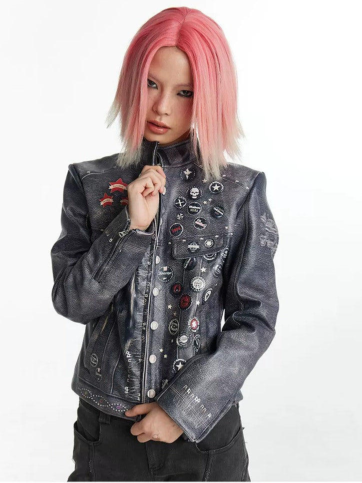 FayChui Distressed Graphic Cropped Biker Jacket - campaign view 2 showing jacket fit or details