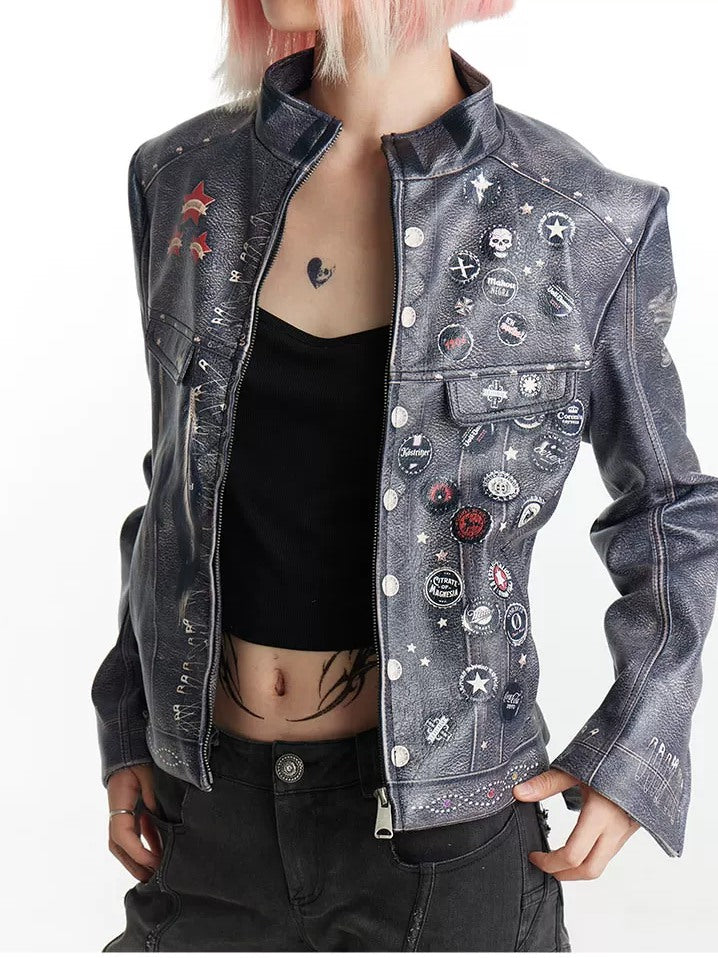 FayChui Distressed Graphic Cropped Biker Jacket - campaign view 3 showing jacket fit or details