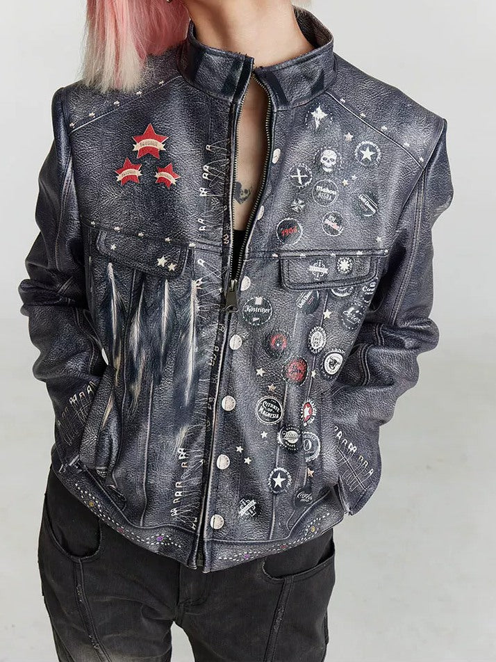 FayChui Distressed Graphic Cropped Biker Jacket - campaign view 4 showing jacket fit or details