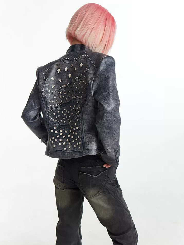 FayChui Distressed Graphic Cropped Biker Jacket - campaign view 5 showing jacket fit or details