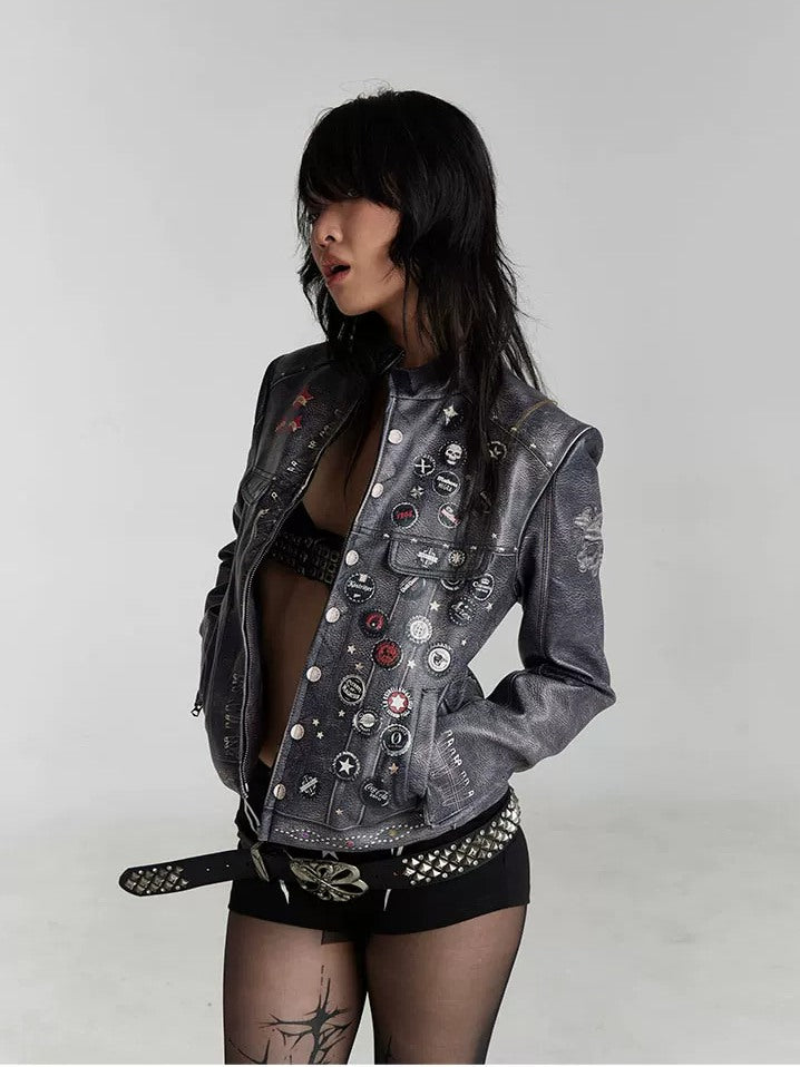 FayChui Distressed Graphic Cropped Biker Jacket - campaign view 6 showing jacket fit or details