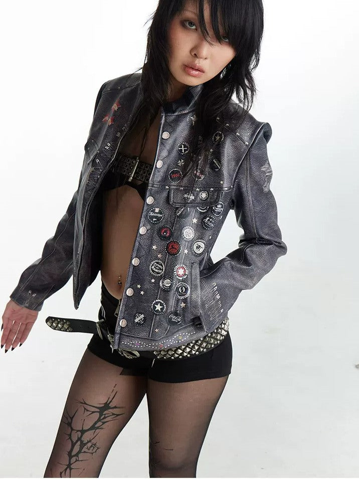 FayChui Distressed Graphic Cropped Biker Jacket - campaign view 9 showing jacket fit or details