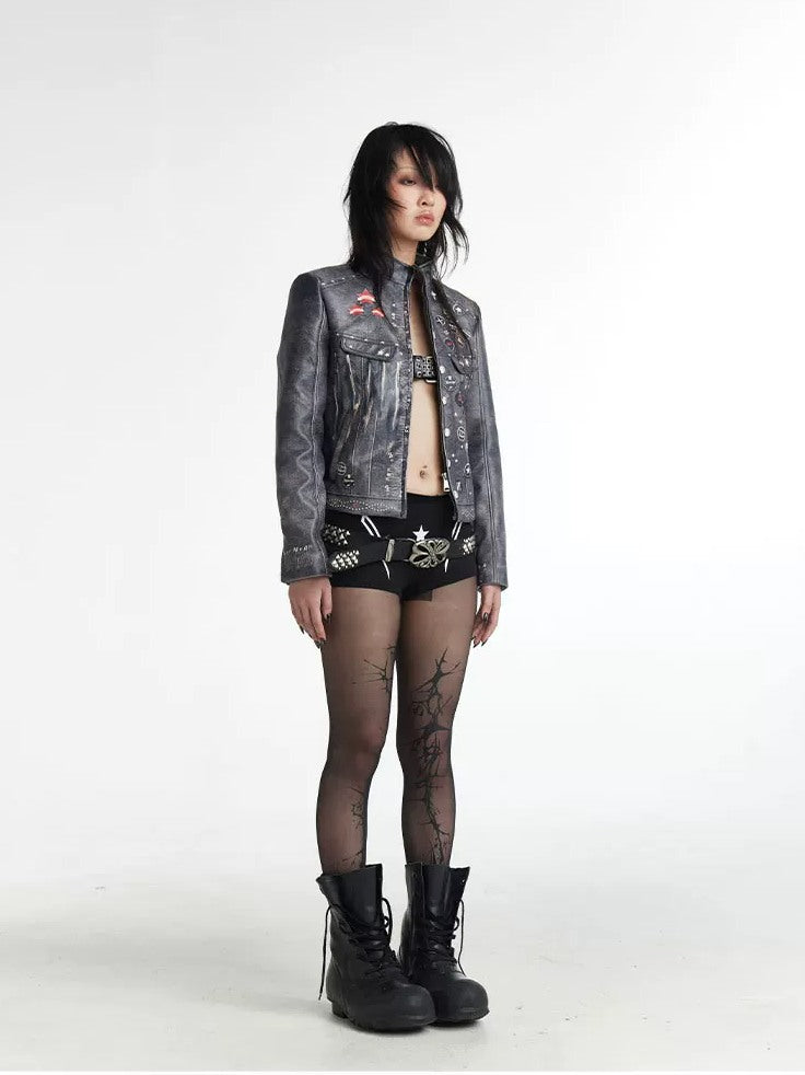 FayChui Distressed Graphic Cropped Biker Jacket - campaign view 13 showing jacket fit or details