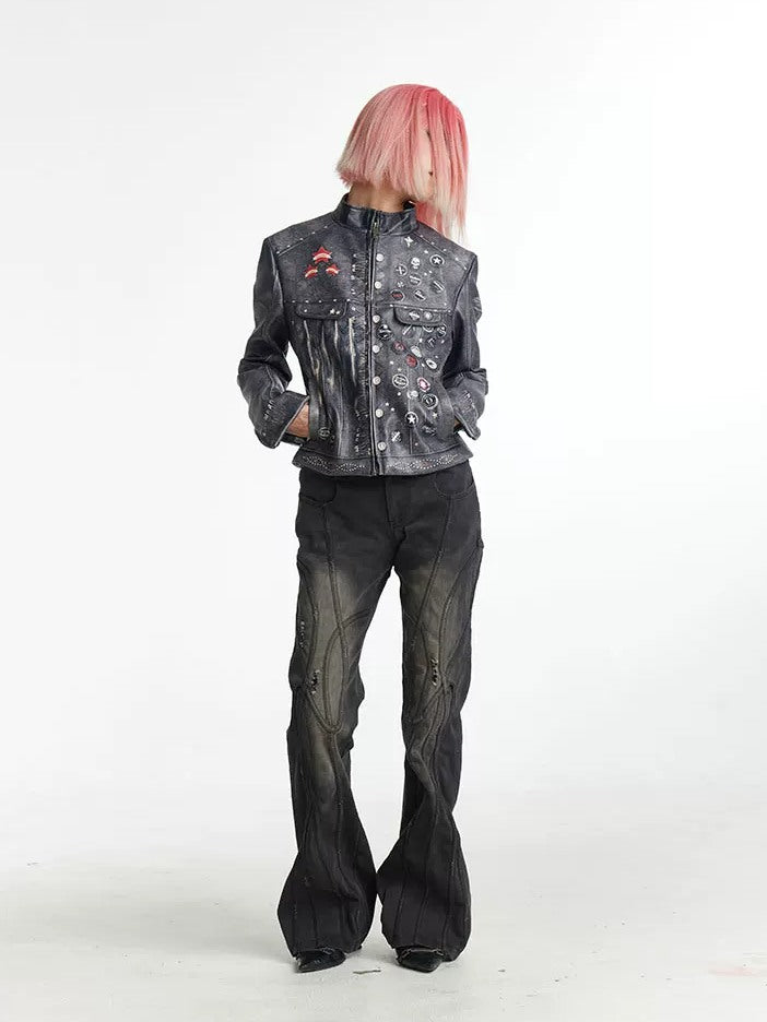 FayChui Distressed Graphic Cropped Biker Jacket - campaign view 14 showing jacket fit or details