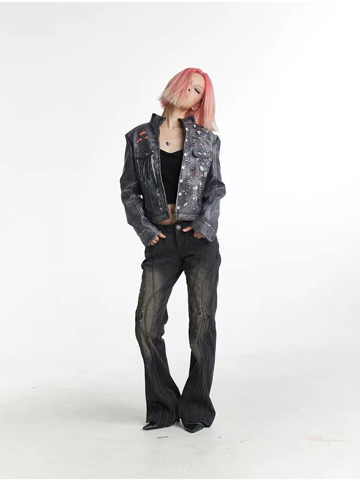 FayChui Distressed Graphic Cropped Biker Jacket - campaign view 15 showing jacket fit or details