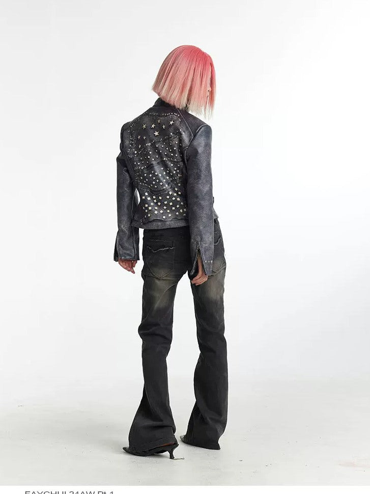 FayChui Distressed Graphic Cropped Biker Jacket - campaign view 16 showing jacket fit or details