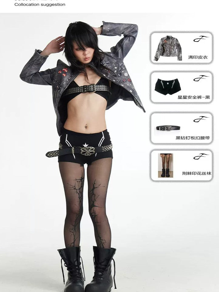 FayChui Distressed Graphic Cropped Biker Jacket - campaign view 17 showing jacket fit or details