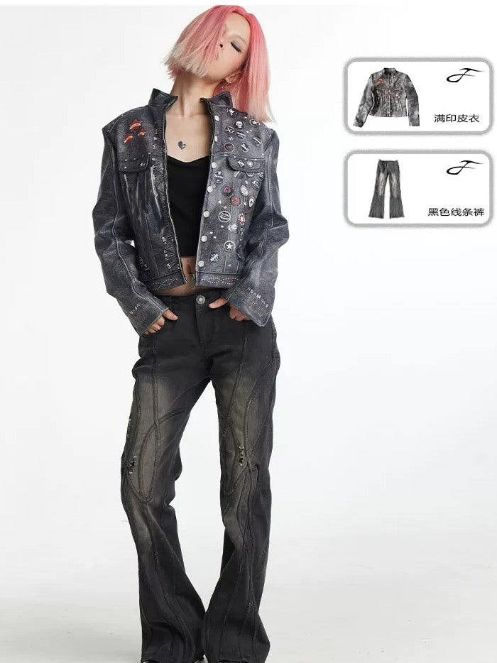 FayChui Distressed Graphic Cropped Biker Jacket - campaign view 18 showing jacket fit or details