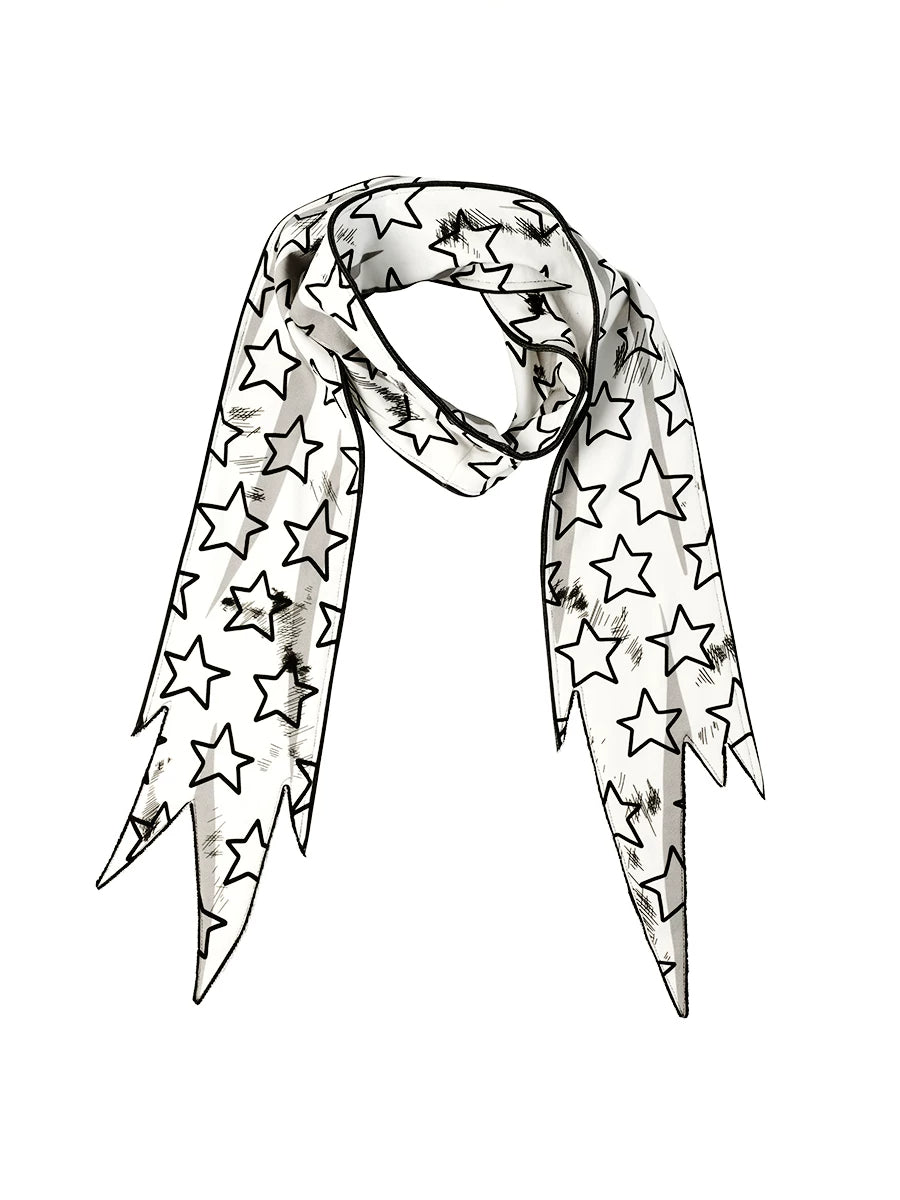 CFIERCE Star Print Pointed-End Scarf - white star-print pointed-end scarf on white background