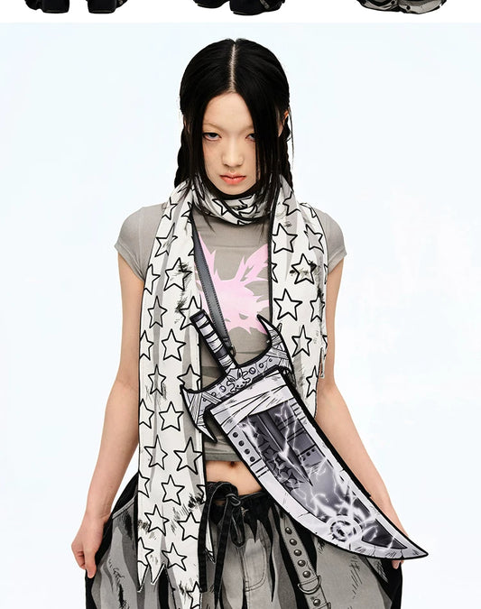 CFIERCE Star Print Pointed-End Scarf - white star scarf draped on model, close view