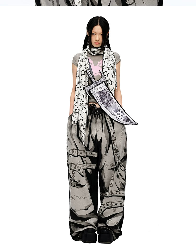 CFIERCE Star Print Pointed-End Scarf - white star scarf worn long on model, full view