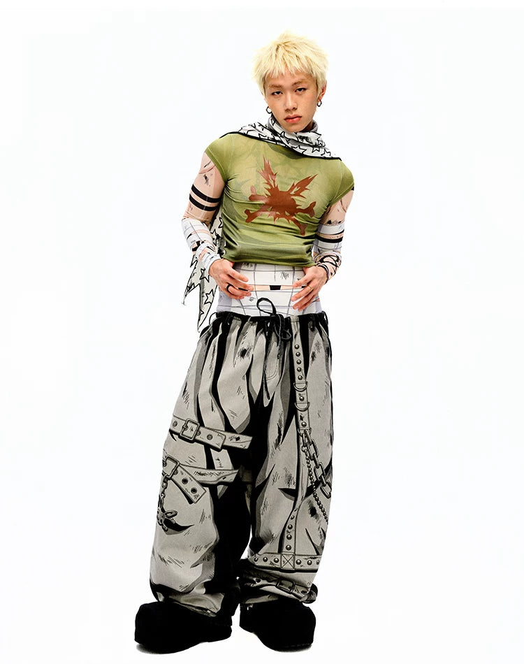 CFIERCE Star Print Pointed-End Scarf - white star scarf on blond model, front view
