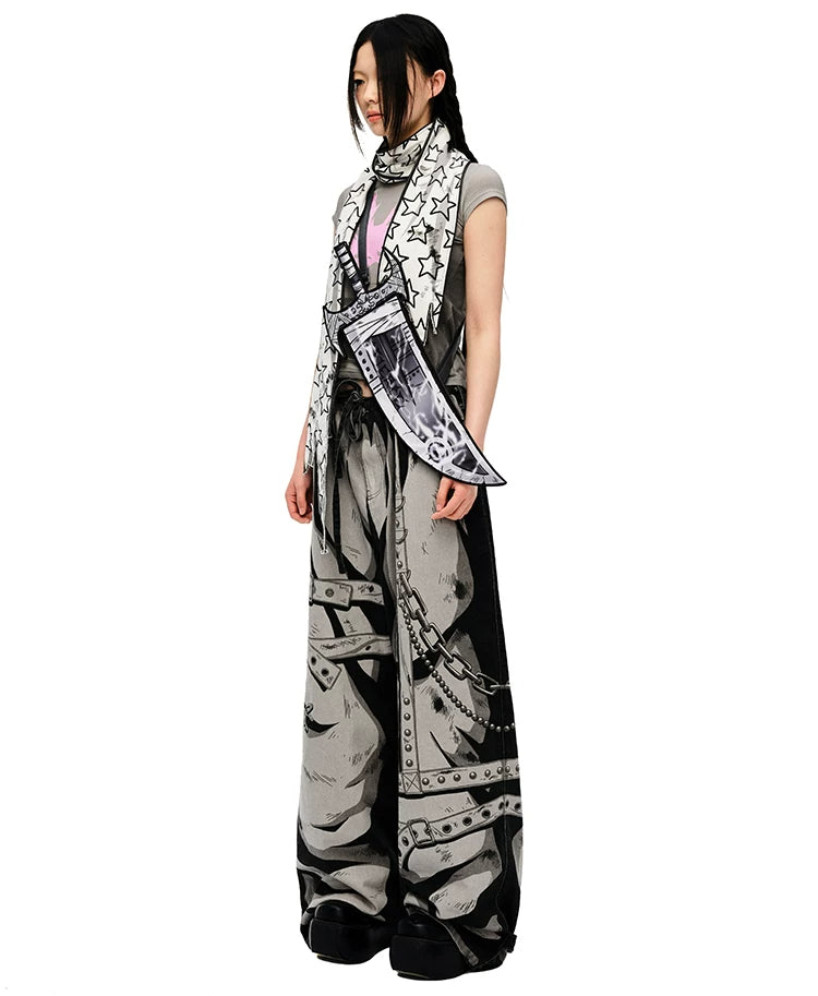 CFIERCE Star Print Pointed-End Scarf - white star scarf draped over shoulder, side view