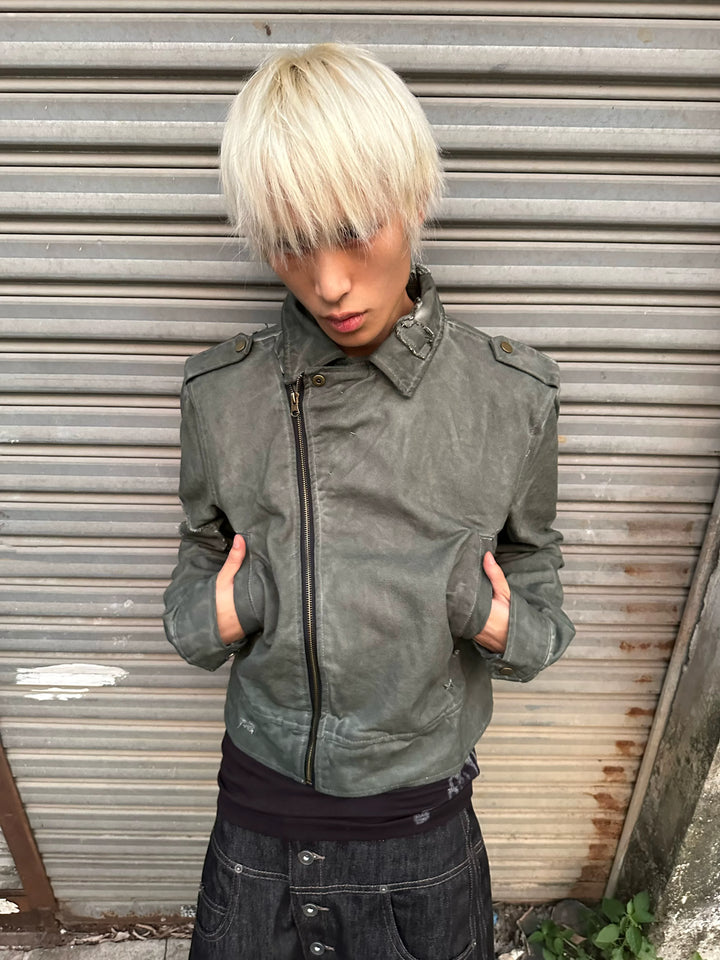 King Rat Print Dyed Cropped Biker Jacket - Gray Green front