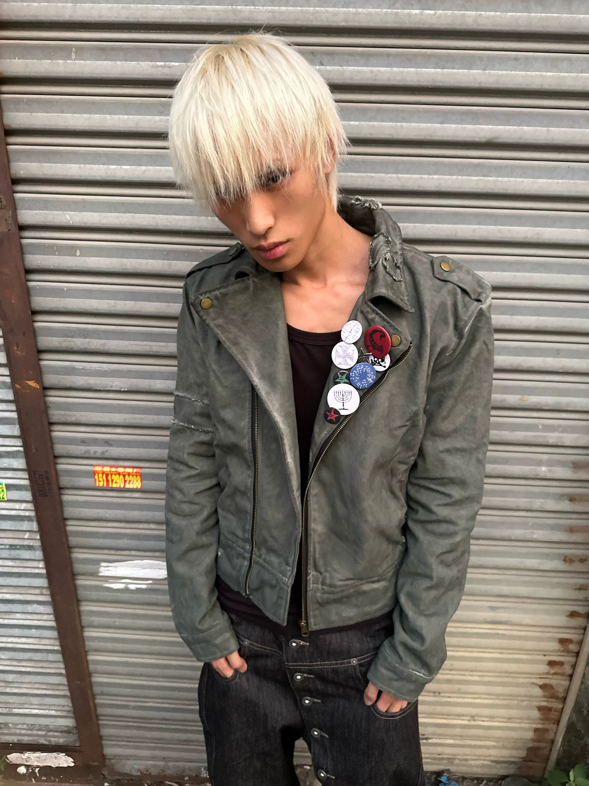 King Rat Print Dyed Cropped Biker Jacket - Gray Green front with pin badges