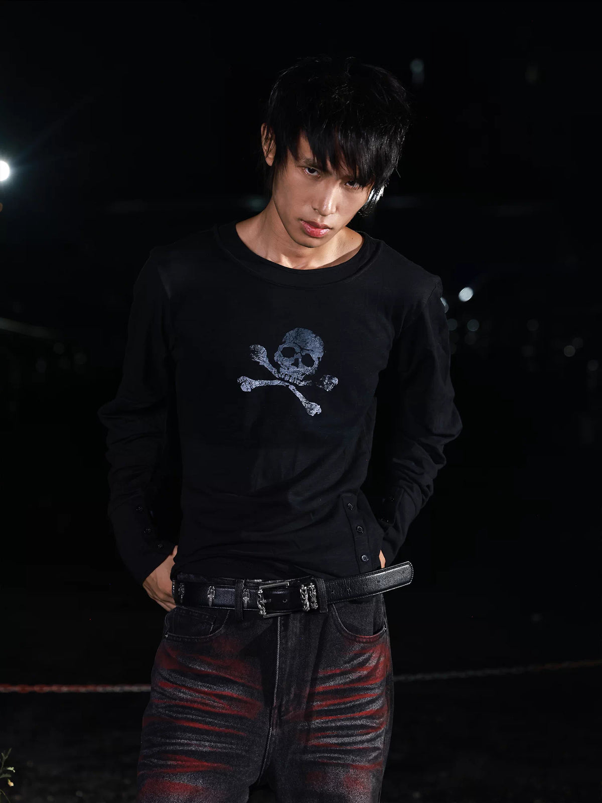 DETW Skull Double-Neck Slub Cotton Long Sleeve Top - Black skull top on model, front