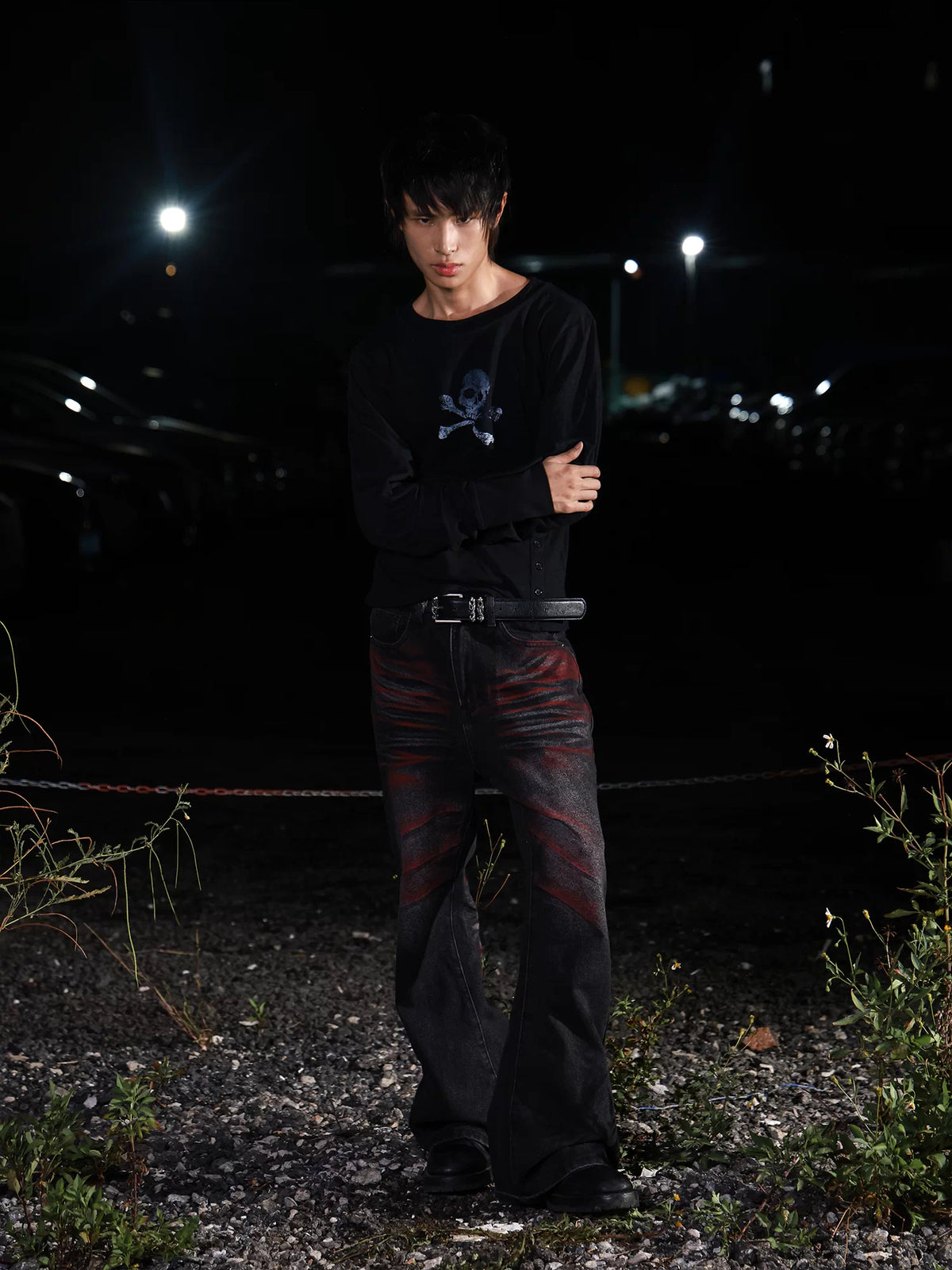 DETW Skull Double-Neck Slub Cotton Long Sleeve Top - Black skull top on model, full outfit