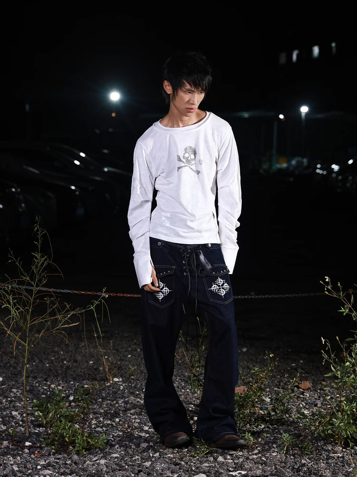 DETW Skull Double-Neck Slub Cotton Long Sleeve Top - White skull top on model, front