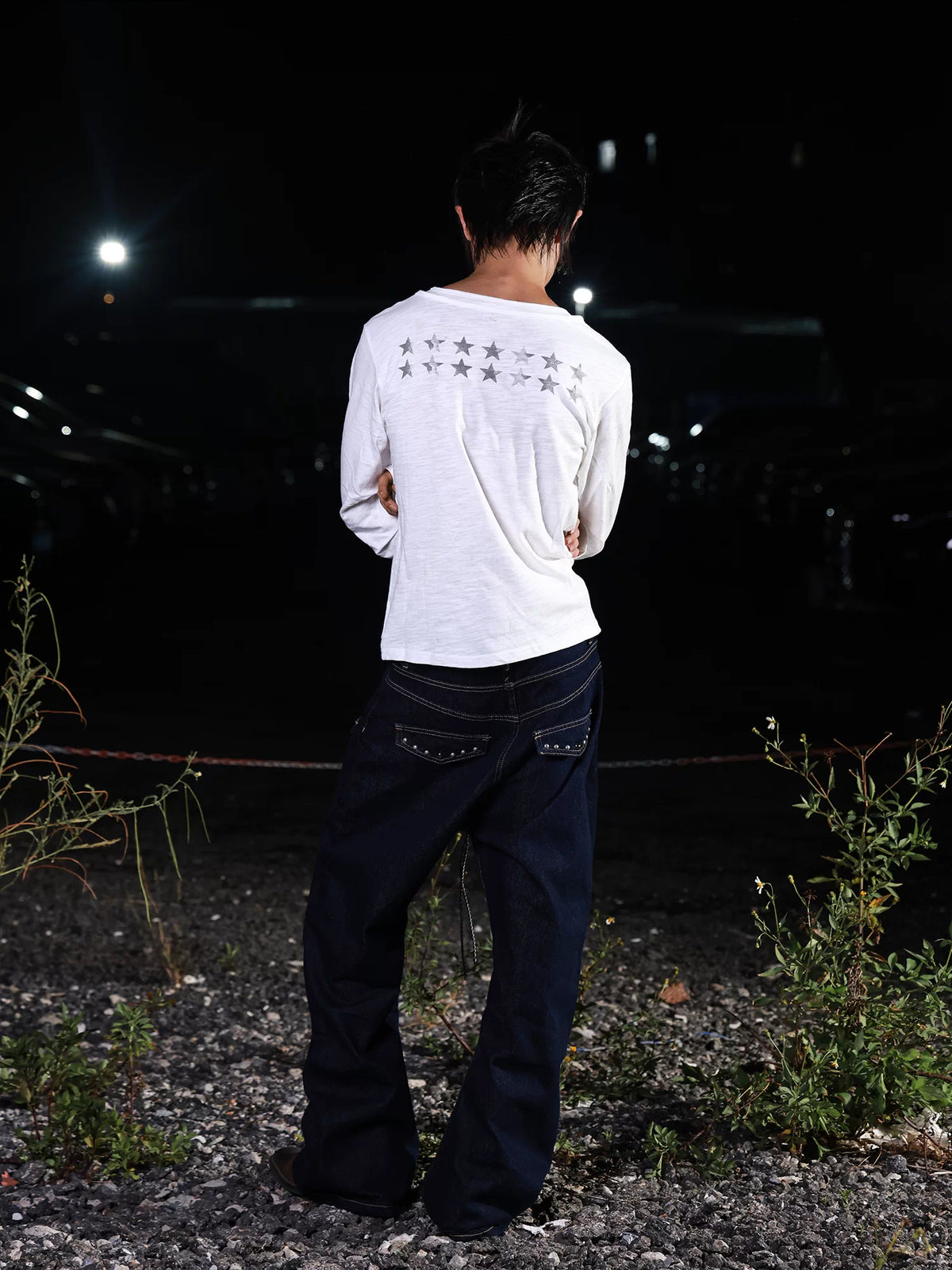 DETW Skull Double-Neck Slub Cotton Long Sleeve Top - White top with star-print upper back