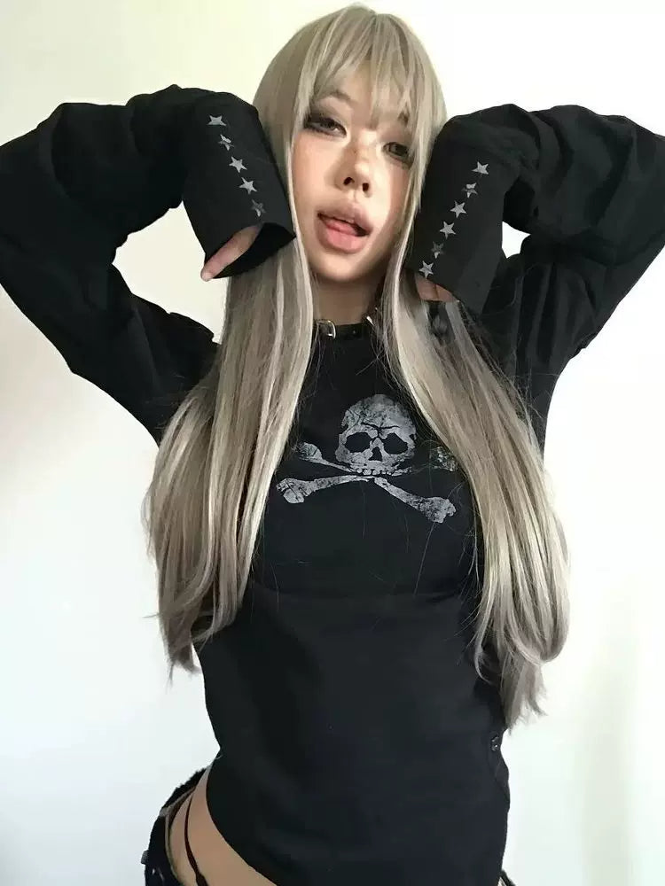 DETW Skull Double-Neck Slub Cotton Long Sleeve Top - Black skull top with star-print cuffs on model