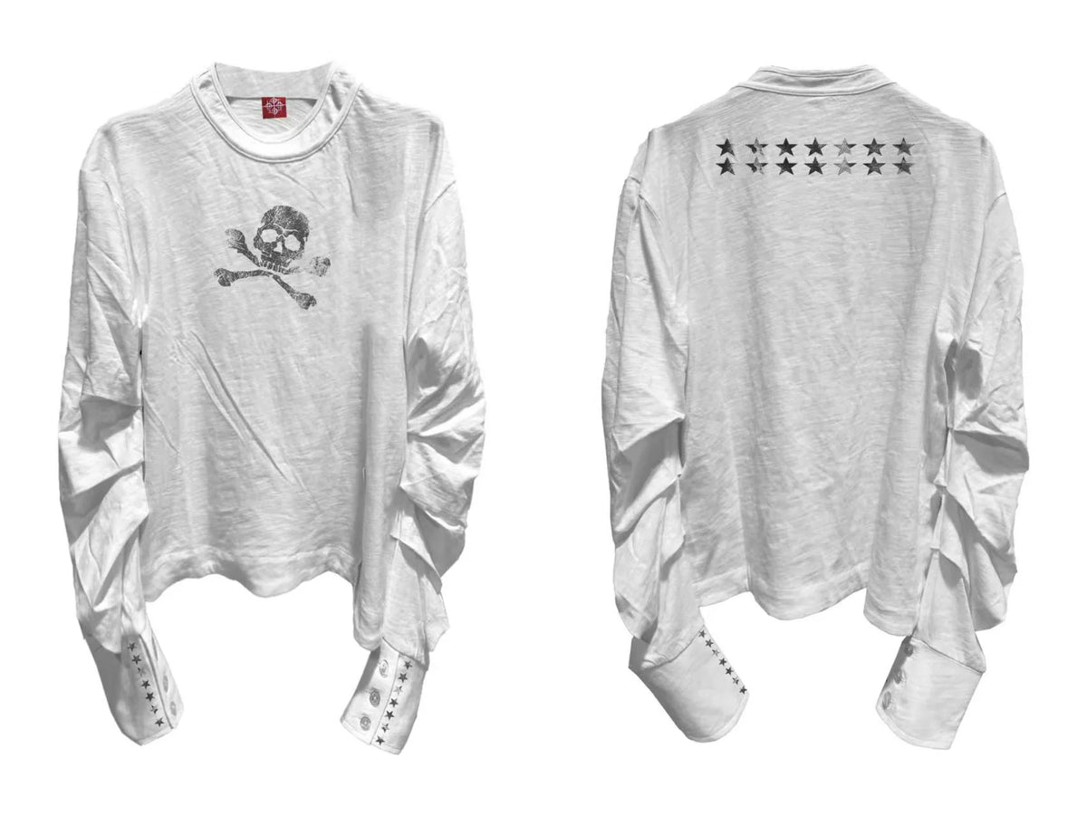 DETW Skull Double-Neck Slub Cotton Long Sleeve Top - White top front and back flat lay