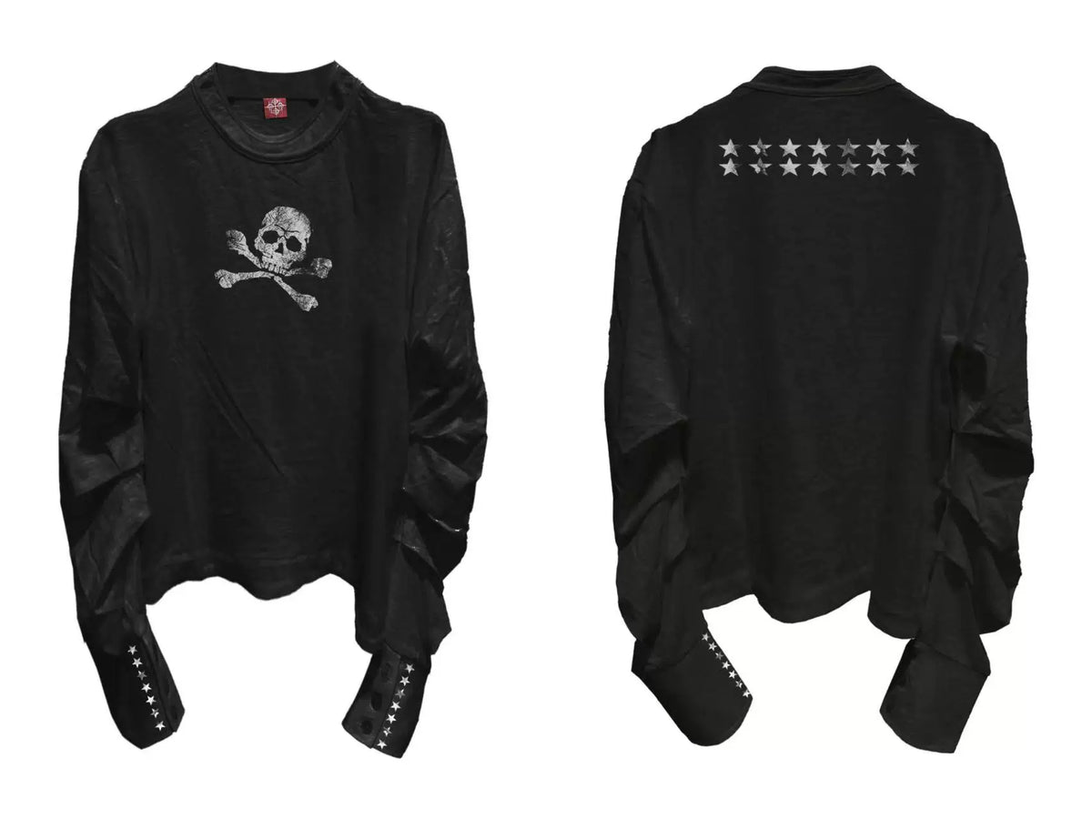 DETW Skull Double-Neck Slub Cotton Long Sleeve Top - Black top front and back flat lay
