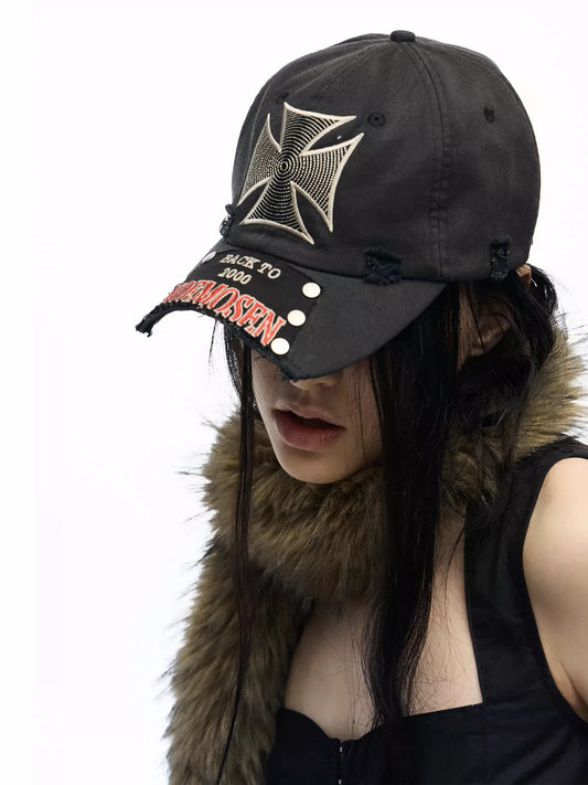 noEmosen Iron Cross Studded Distressed Washed Cap - Washed Black worn side