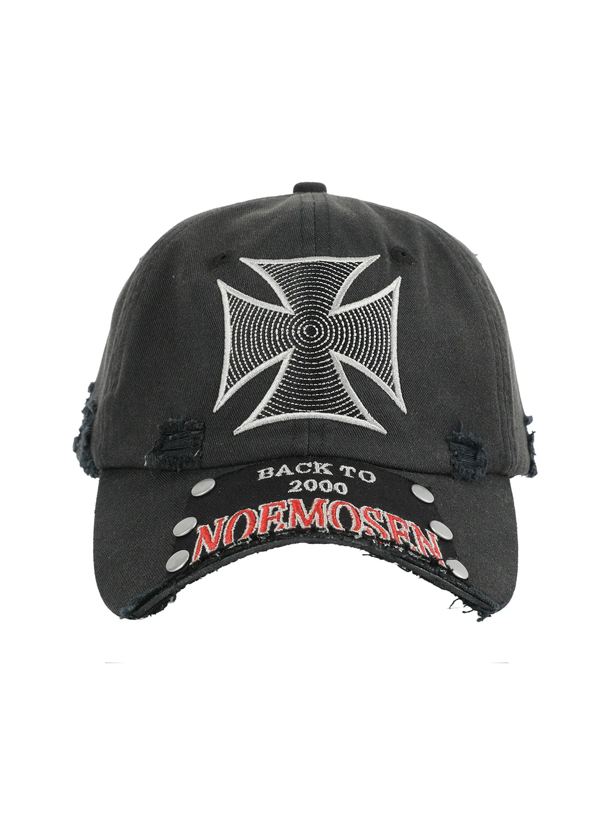 noEmosen Iron Cross Studded Distressed Washed Cap - Washed Black front