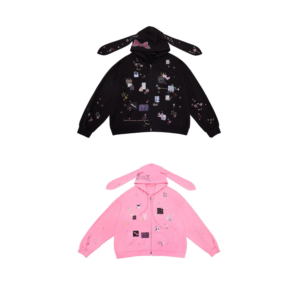 CFIERCE Rhinestone Rabbit-Ear Zip Hoodie - black and pink front pair