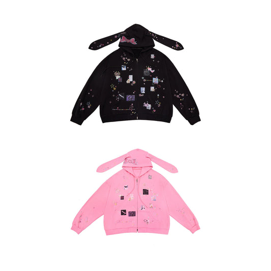 CFIERCE Rhinestone Rabbit-Ear Zip Hoodie - black and pink front pair