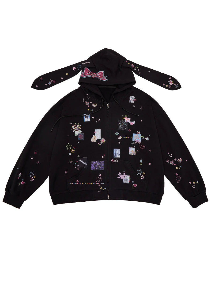 CFIERCE Rhinestone Rabbit-Ear Zip Hoodie - 页面展示主图_1