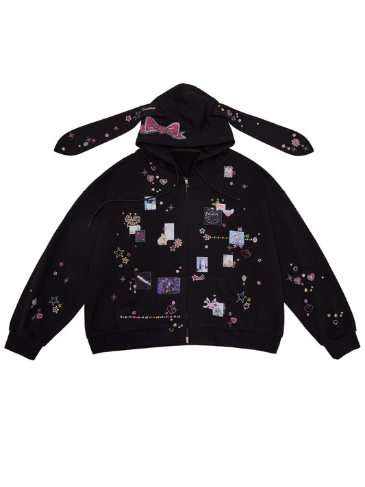CFIERCE Rhinestone Rabbit-Ear Zip Hoodie - 页面展示主图_1