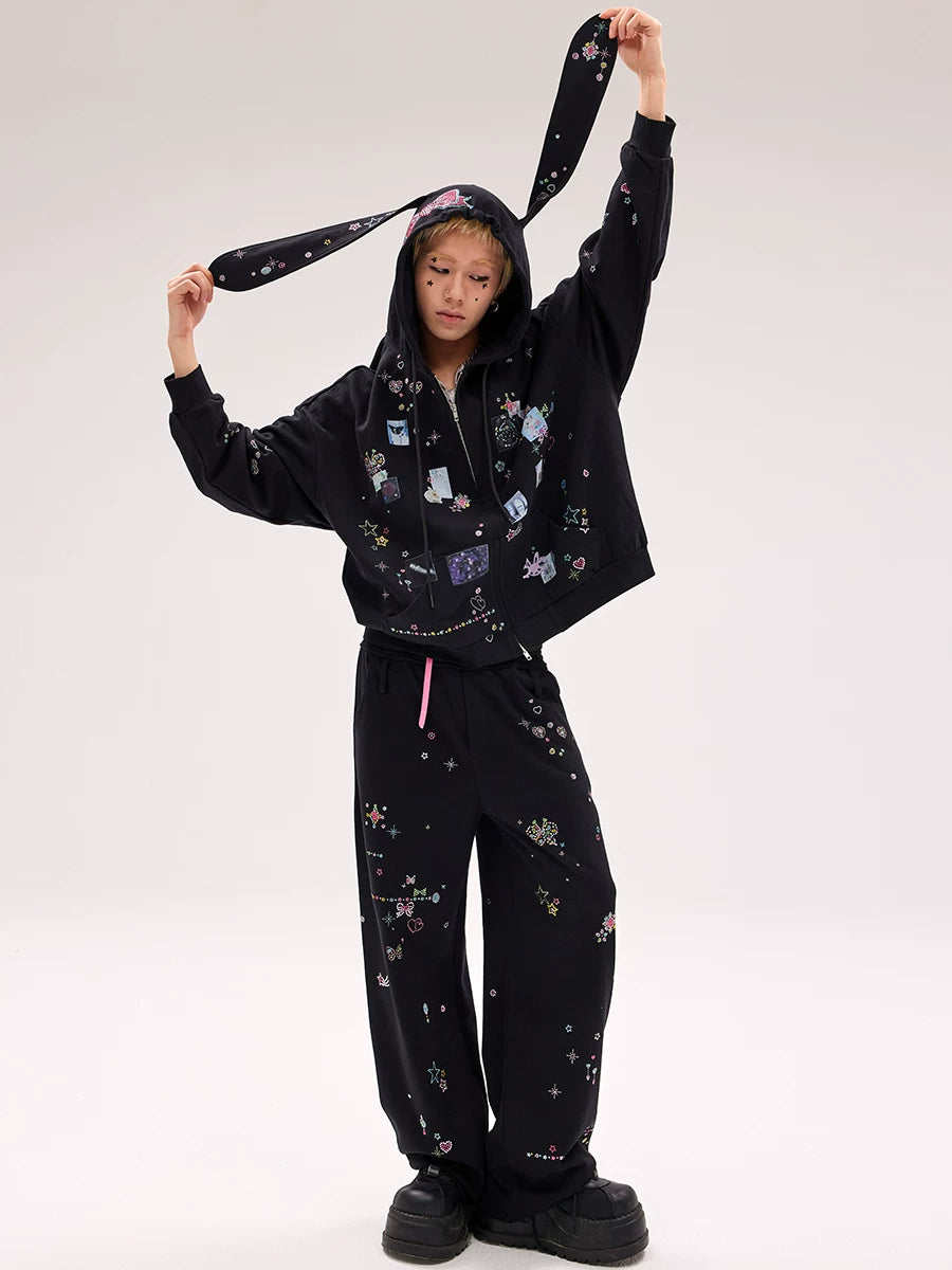CFIERCE Rhinestone Rabbit-Ear Zip Hoodie - 页面展示主图_2