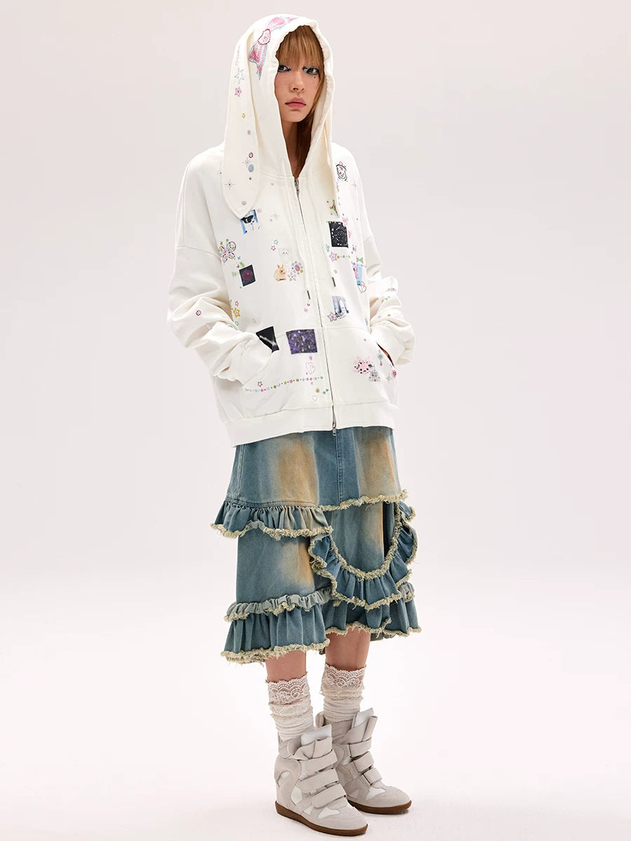 CFIERCE Rhinestone Rabbit-Ear Zip Hoodie - 页面展示主图_3