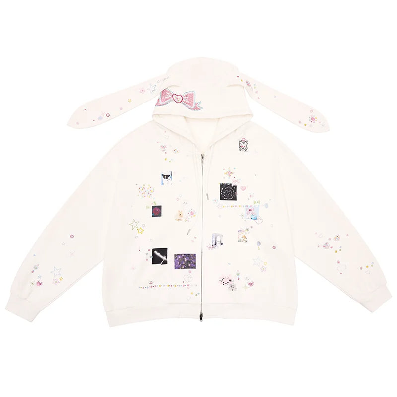 CFIERCE Rhinestone Rabbit-Ear Zip Hoodie - SKU图_3_白色 现货