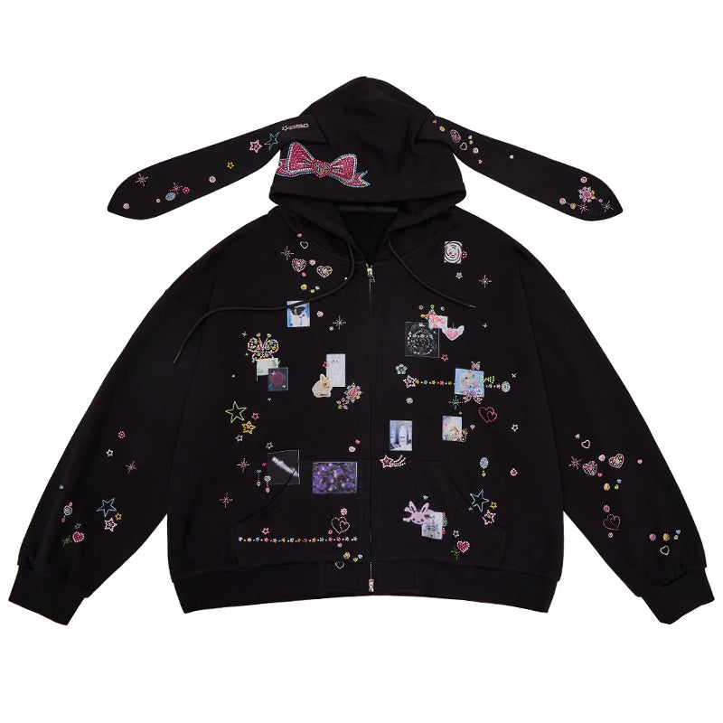 CFIERCE Rhinestone Rabbit-Ear Zip Hoodie - black front flat lay