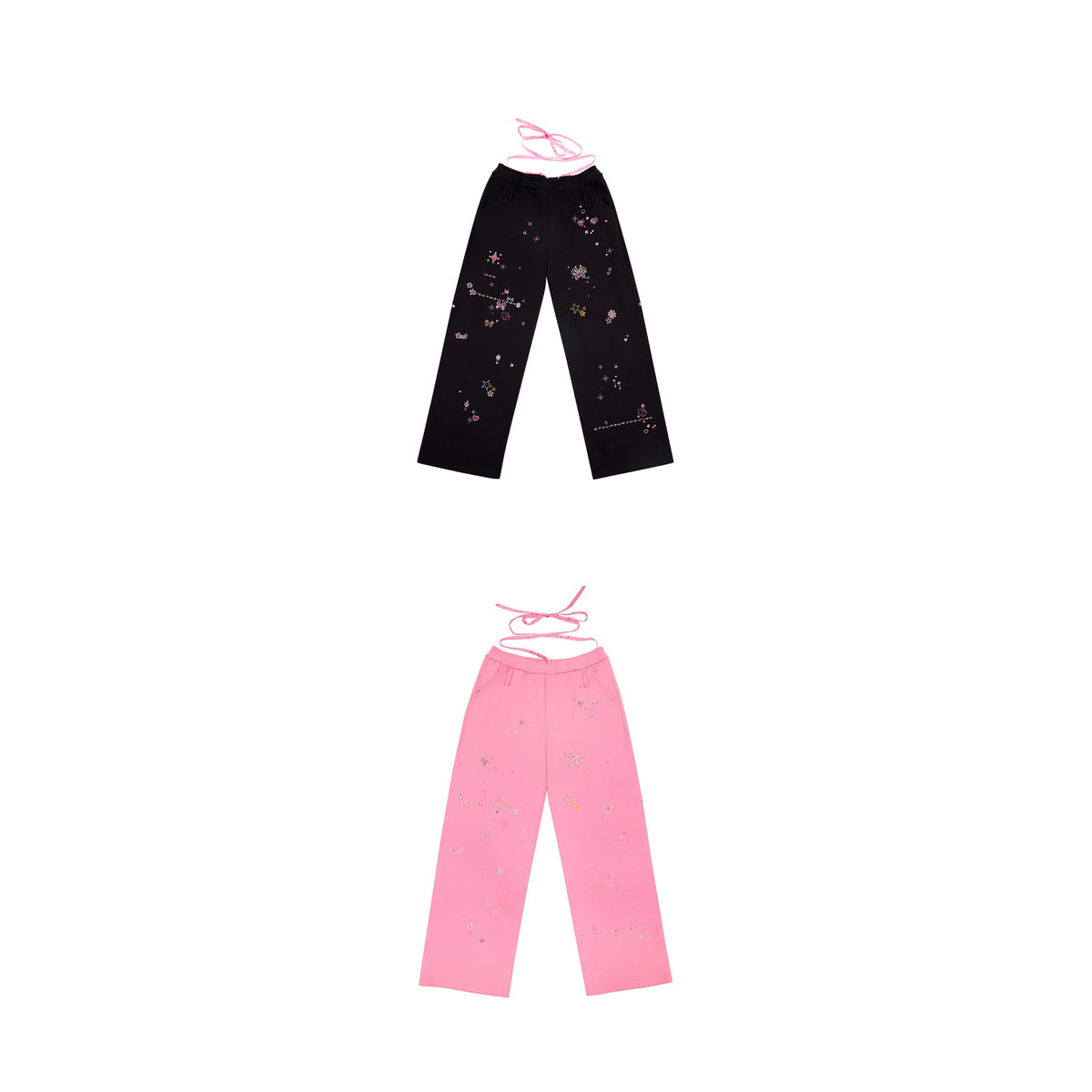 CFIERCE Scattered Rhinestone Wide-Leg Sweatpants - black and pink rhinestone sweatpants front color comparison