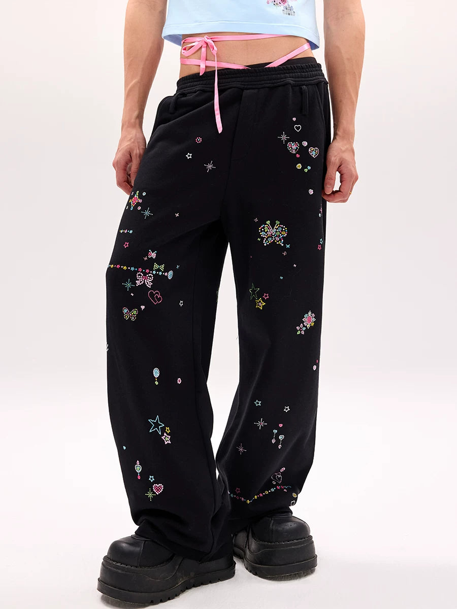 CFIERCE Scattered Rhinestone Wide-Leg Sweatpants - black scattered rhinestone sweatpants worn close front