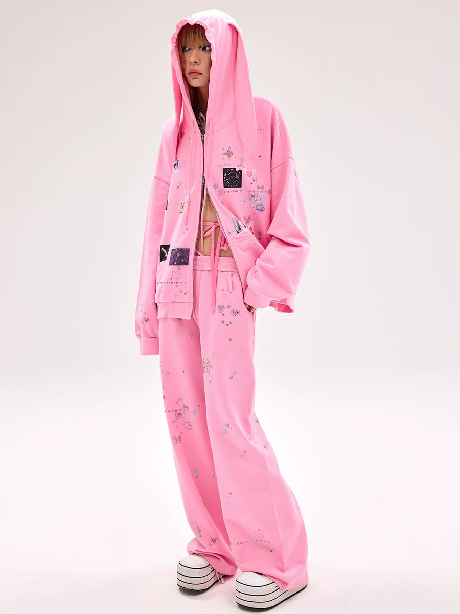 CFIERCE Scattered Rhinestone Wide-Leg Sweatpants - pink scattered rhinestone sweatpants worn with matching hoodie