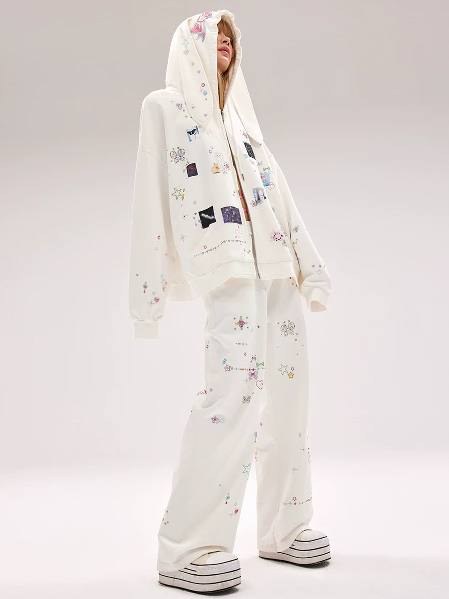 CFIERCE Scattered Rhinestone Wide-Leg Sweatpants - white scattered rhinestone sweatpants worn with matching hoodie